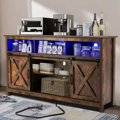 Barn Door Design: This farmhouse coffee bar cabinet features sliding barn doors for easy access to a...