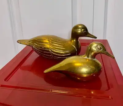 Vintage Solid Gold Brass Ducks Mother and Baby 85$ for both 9” wide and the smaller one is 7”