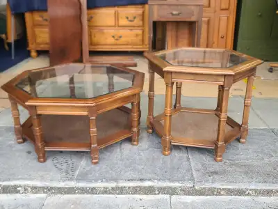 Pair Hexagonal Wood End Tables Glass Top, View more
