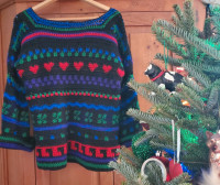 Knit Sweater, Handmade, Black With Multicolour Pattern