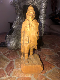 Vintage Wood Sculpture of an Old Man Fisherman, Folk Art