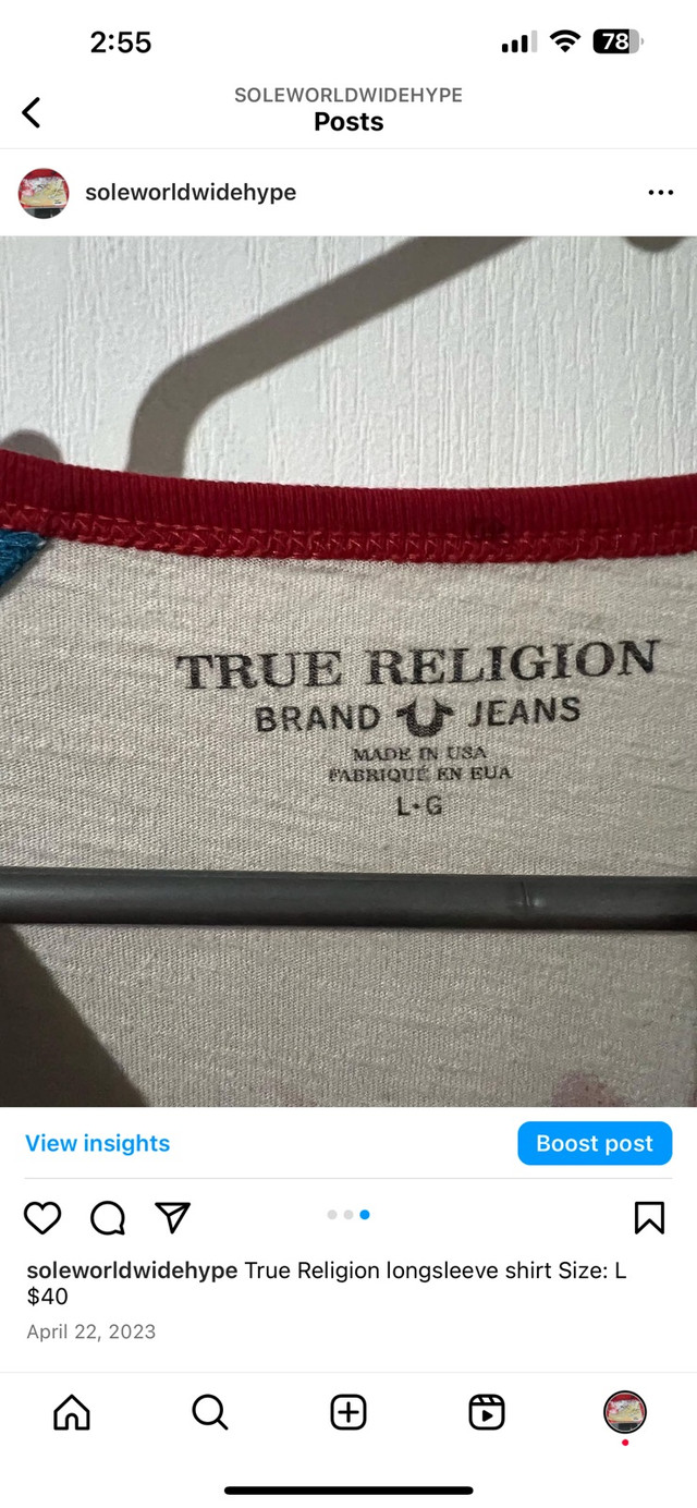 True Religion longsleeve shirt Size: L $40 IG: @SoleWorldWideHyp in Men's in City of Toronto - Image 2