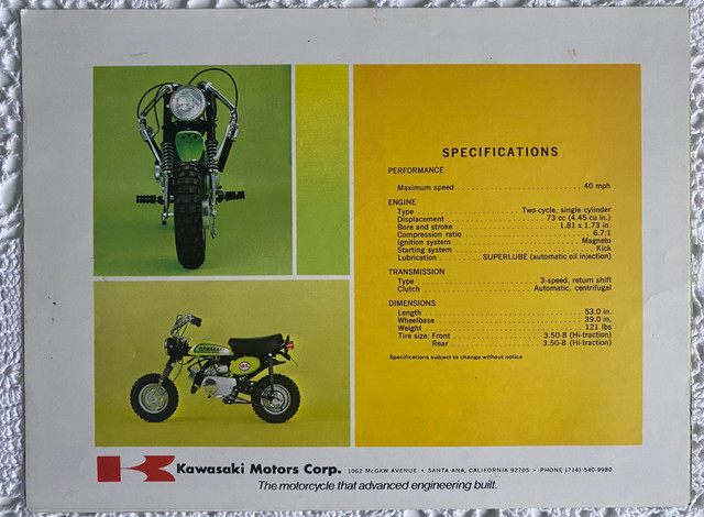 1970s Kawasaki 75MT Dyna-Mite Original 4 Pg Dealer Brochure in Arts & Collectibles in North Bay - Image 3