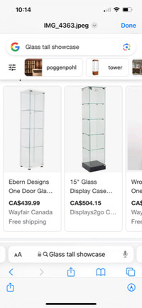 Tall Glass Trophy case curio cabinet showcase