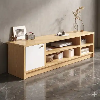 Modern Light Wood TV Stand Media Console w/ White Sliding Door , View more
