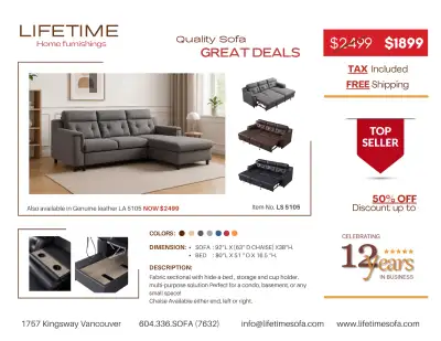 Item No. LS 5105 $1899 Colors Available: Dark Grey, Light Grey, Blue Grey, Brown, and Beige. Dimensi...