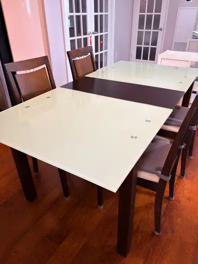 Extendable Frosted Glass Dining Table with 4 Dark Wood Chairs, View more