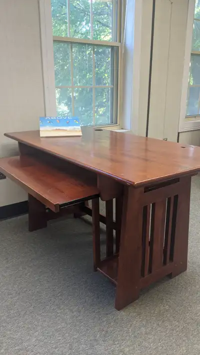 Beautiful MCM style wood desk with keyboard tray, View more