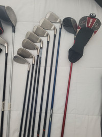 Left hand golf clubs, bag and cart