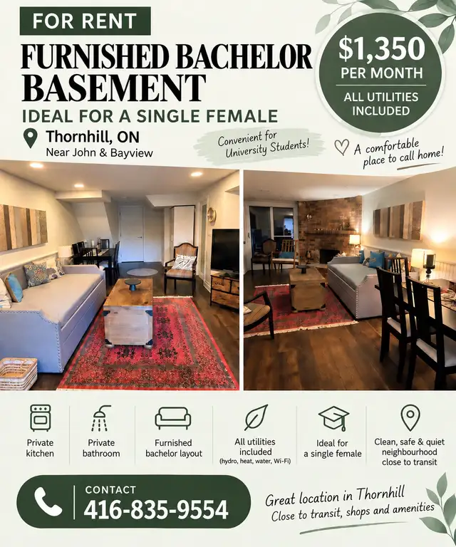 Furnished Bachelor Basement  – Ideal for a Single Fem
