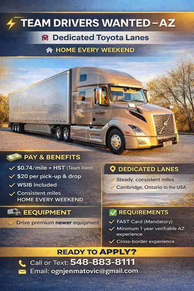 LOCATION: Cambridge, Ontario to USA THE ROLE: We are currently hiring experienced TEAM drivers for d...