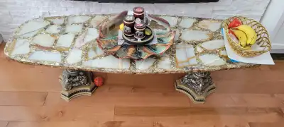 BEAUTIFUL, VERY UNIQUE STYLE COFFEE TABLE MARBLE AND GOLD. 3 PIECE SET. One SIDE TABLE IS NOT STUDY,...
