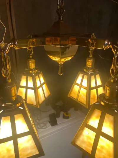 Antique Arts & Crafts Mission brass ceiling light fixtu, View more