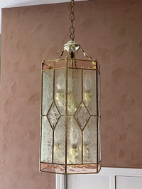 Pendant light fixture with pink & frosted glass and gold details