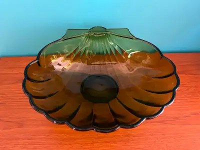 Vintage MCM Green Glass Shell Salad Bowl and Serving Utensils, View more