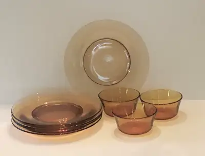 Vintage Mid Century Amber Glass Dishes- 9 Plates and 3 Bowls, View more