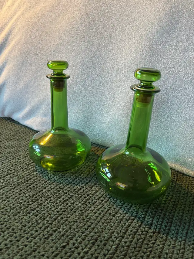 L J McGuinness 1960s Green Glass Decanters