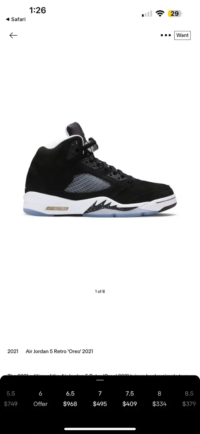 Air Jordan 5 Retro 'Oreo' 2021 Size 7 62854392185089122