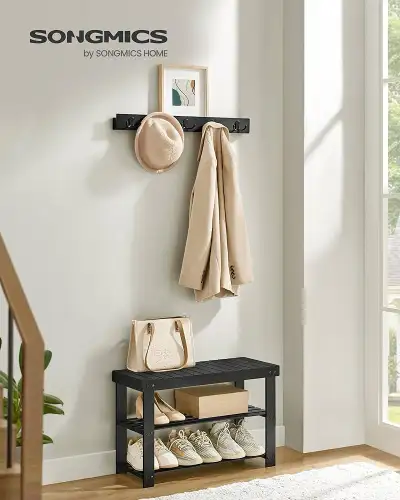 SONGMICS Coat Rack and Shoe Bench, Hallway Furniture, Multifunctional 5 Double Metal Hooks, Bamboo S...