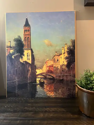Art print on board Wall mountable Venice canal scene capturing gondola surrendered by historic build...