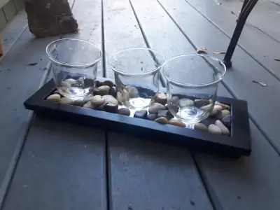 3 candle holders on a wooden tray, View more