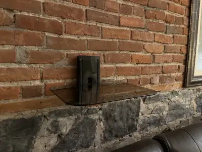 Nice Tempered Glass audio shelf for projector or other audio device. Has a custom made oak headboard...