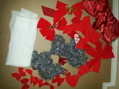 Christmas Red Stocking, Red Bows, Fake Snow, 2 Red Balls, View more