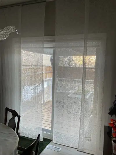 4 pairs of 108”x23” lace window screens. One set needs a little care. Includes all hardware, no rips...