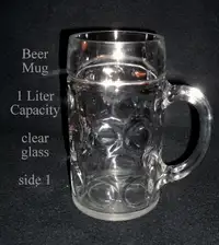 Beer Mug, clear glass, 1 litre, handle, fill line, dimpled, Faxe