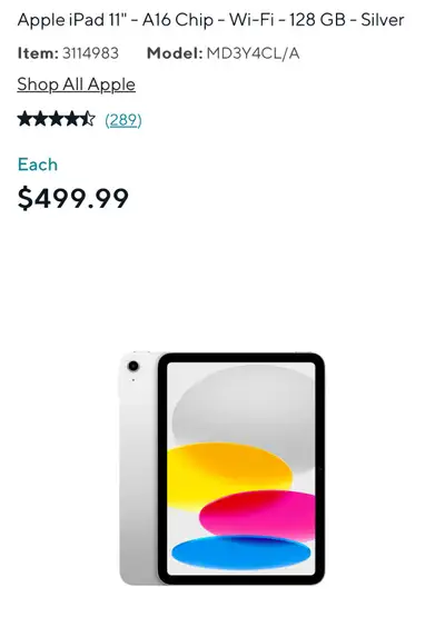 iPad 11’  A16 silver 128gb wifi like new, View more