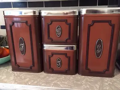 Vintage set of brown canisters Made in Canada Good condition Cash sale If posted, they are available