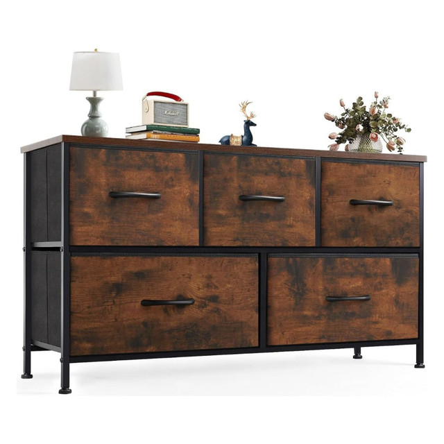 Rustic Brown Dresser with 5 Fabric Bins, Steel Frame, Wood Top in Dressers & Wardrobes in North Bay