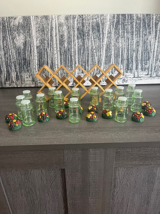 Vintage 14 green glass spice jars with resin fruit lids in Kitchen & Dining Wares in Barrie - Image 3