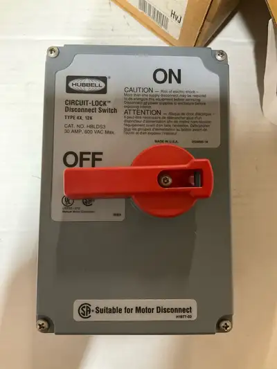 This is a Hubbell Circuit-Lock disconnect switch, rated for 30 Amp and 600 VAC Max. It's in new cond...