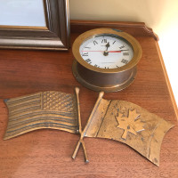 Nautical US Maritime Commission Quartz Brass Clock & Brass Flags