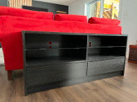 TV Bench with 2 drawers, 2 glass shelves, Glass protective top