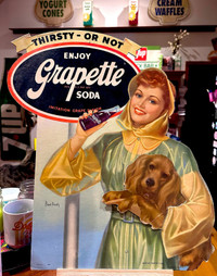 rare grapette soda pop cardboard easel back sign 