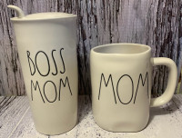 HTF Rae Dunn ‘BOSS MOM’ Ceramic Travel Mug & MOM Mug