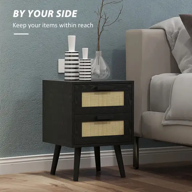 Black Boho Nightstand, Bedside Table with 2 Drawers  in Dressers & Wardrobes in Markham / York Region - Image 6