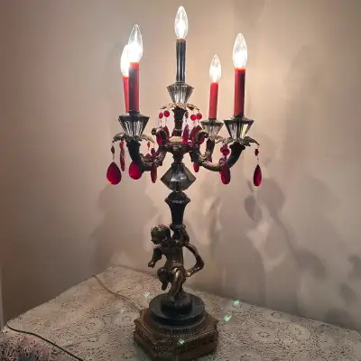 Vintage Cherub Candelabra Lamp – Brass & Crystal, View more