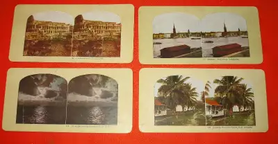 Four Double Sided Color Stereo View Cards - 1. #101 An Approaching Storm on Lake Erie - Other Side:...