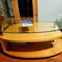 Wood and glass coffee table with 2 end tables on wheels 