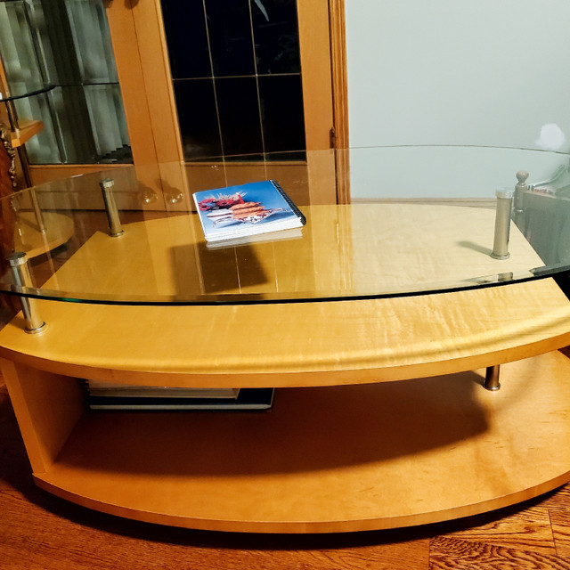 Wood and glass coffee table with 2 end tables on wheels  in Coffee Tables in Regina