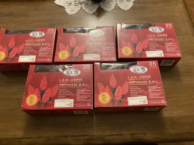5 sets of 35 red LED lights for indoor and outdoor use. Water resistant, end to end connectors. Bran...