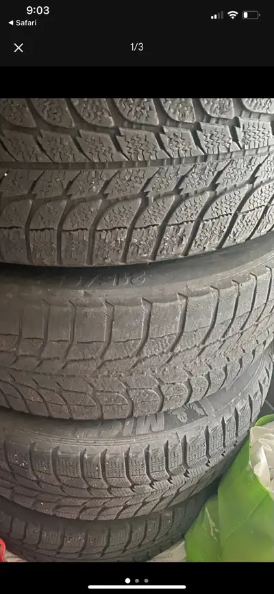 Set of four 215-65-R16 Winter tires on aluminum rims for sale. Two of them have lot of tread, but th...