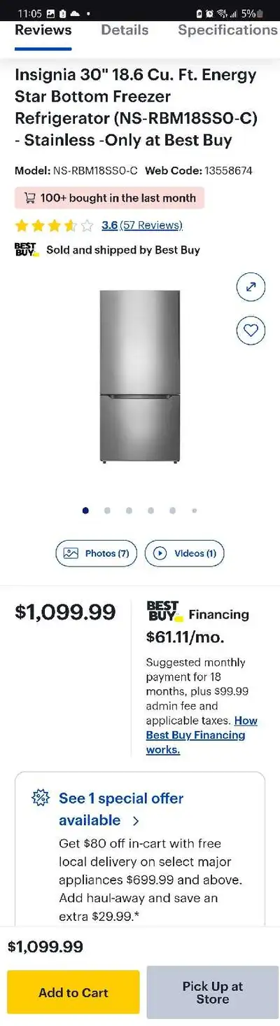 Keep your groceries perfectly chilled with this Insignia 18.6 Cu. Ft. Bottom Freezer Refrigerator, f...