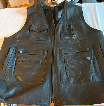 Mens Black Leather Utility Vest / Multi-Pocket Vest, View more