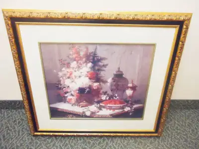 Large Italian Renaissance Floral Print Painting  Gold Wood Frame, View more