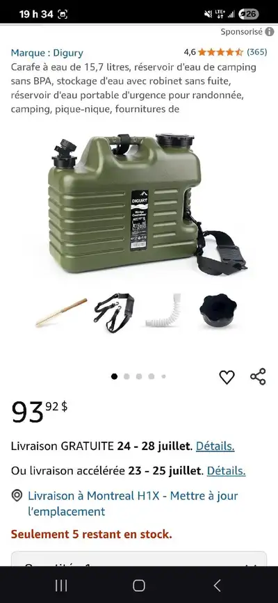 Réservoir d eau potable. 5 gallons. Neuf
