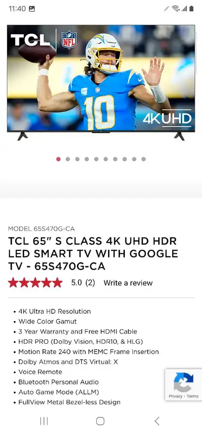 This is a new open box TCL 65" S-Series 4K UHD HDR LED Smart Google TV Comes in the box with stand,...